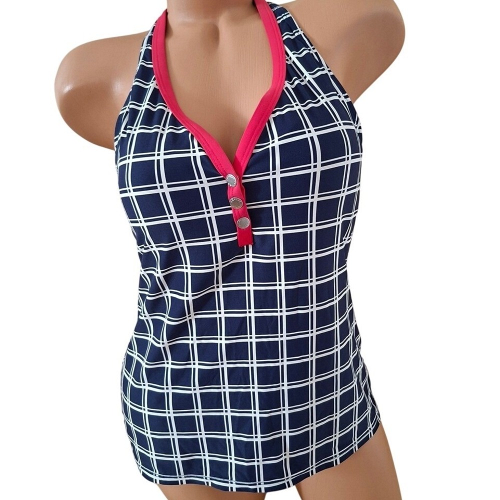 Beach House Swim Tankini 10 Navy Blue White Plaid swimwear Top M